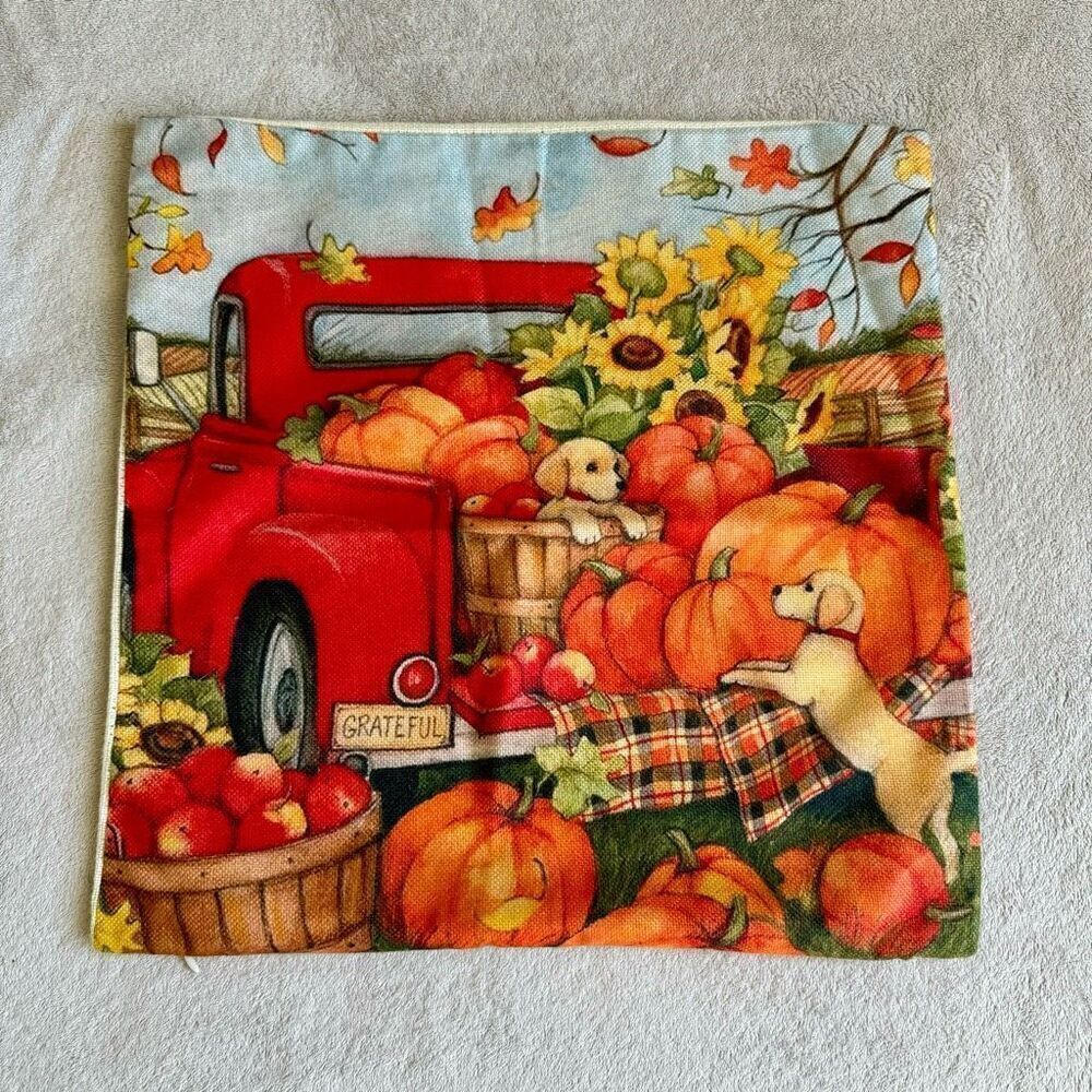 Akasia Design Fall Square Throw Pillow Cover “Red Truck w/ apples and Pumpkins”